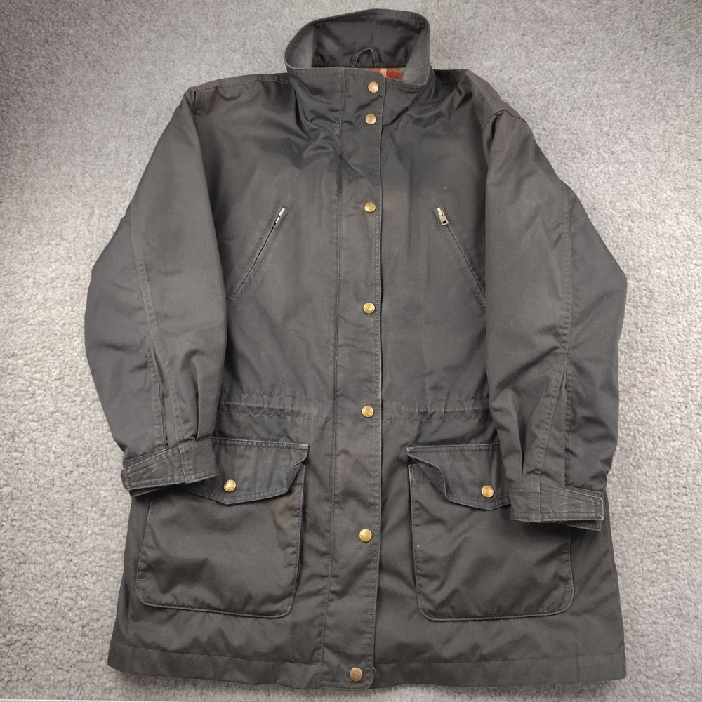 Eddie Bauer Womens Black Plaid Lined Field Coat Barn Jacket Womens Small Utility